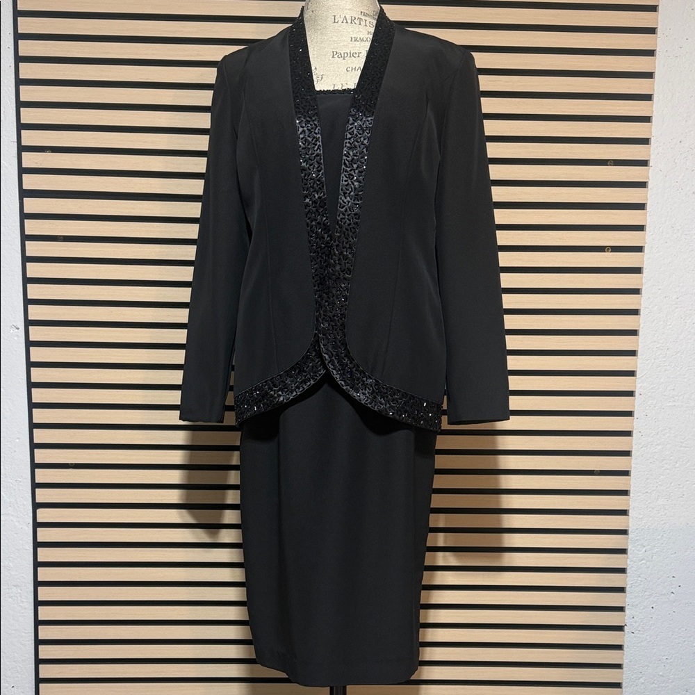 📌 R&M Richards Black Beaded Dress & Blazer Set Size 10 Elegant Formal Evening